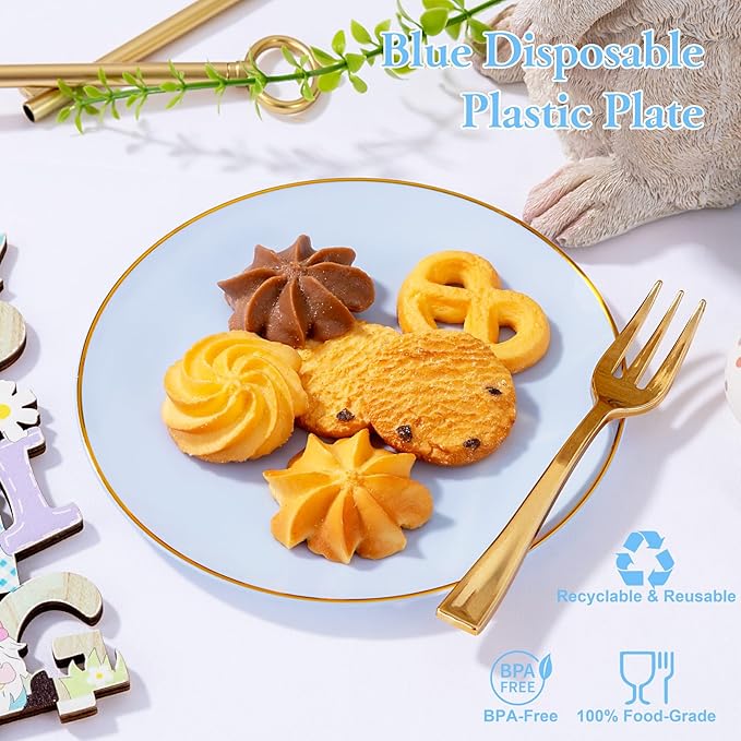 Festiva 200Pcs Blue Gold Cake Plates 6.3" with Plastic Forks 5"- Disposable Blue Dessert/Appetizer/Salad Plates- serve 100 guests for Party&Wedding&Easter