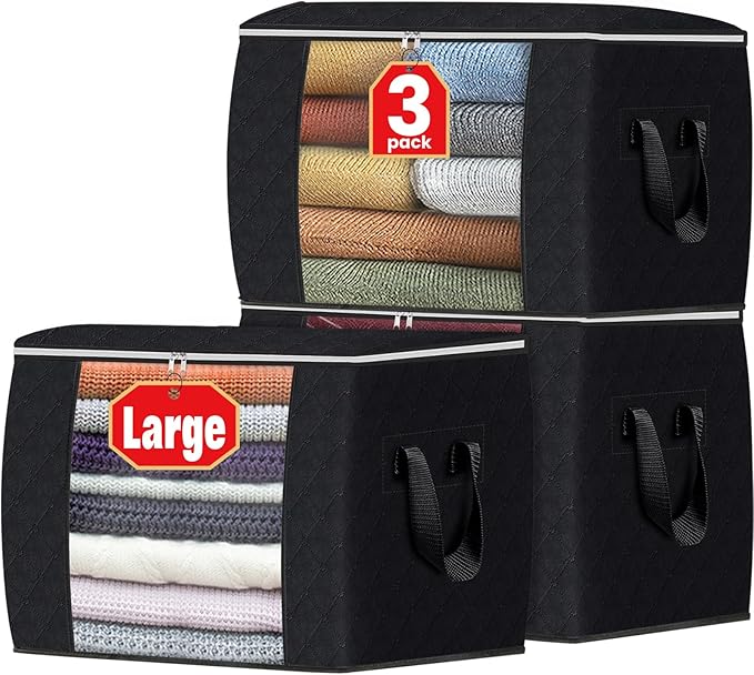 Fab totes 24 Gallons Clothes Storage, Foldable Thick Fabric Blanket Storage Bags, Containers for Organizing Bedroom, Closet, Clothing, Comforter, Organization with Handle (3 Pack,Black)