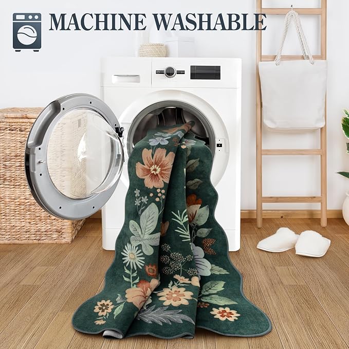 Lahome Floral Kitchen Runner, 2x5 Rug Runners for Hallways Non Slip Ultra-Thin Soft Non Slip Washable Runner Low-Pile Stain Resistant Boho Carpet for Bathroom Bedroom(2x5ft,Dark Green)