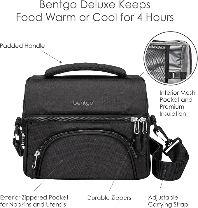 Bentgo® Deluxe Lunch Bag - Durable and Insulated Lunch Tote with Zippered Outer Pocket, Internal Mesh Pocket, Padded & Adjustable Straps, & 2-Way Zippers - Fits Most Lunch Boxes (Carbon Black)