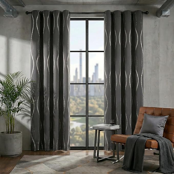 NICETOWN Grey Extra Long Blackout Curtains 120 inches Long 2 Panels Set for Large Window, Foil Printed Wave Lines Energy Saving Thermal Insulated Blackout Draperies for Kids Nursery Boys Bedroom