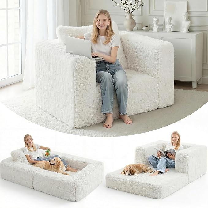 HABUTWAY Convertible Sofa Bed,3-in-1 Folding Futon Sofa Bed with Pillow, Foldable Sleeper Sofa Bed with Removable Cover,Plush Boneless Floor Chair Couch Lounge for Living Room,(Full,White)