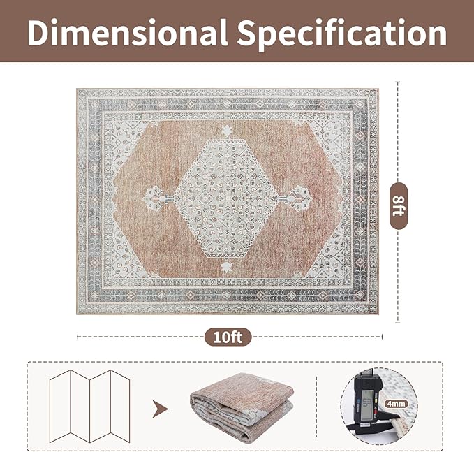 Washable Rugs 8x10 Area Rugs for Living Room,Bedroom,Dining Room- Soft Low Pile Stain-Resistant Carpet with Non-Slip Rubber Backing,Large Vintage Area Rug for Nursery Home Office Decor
