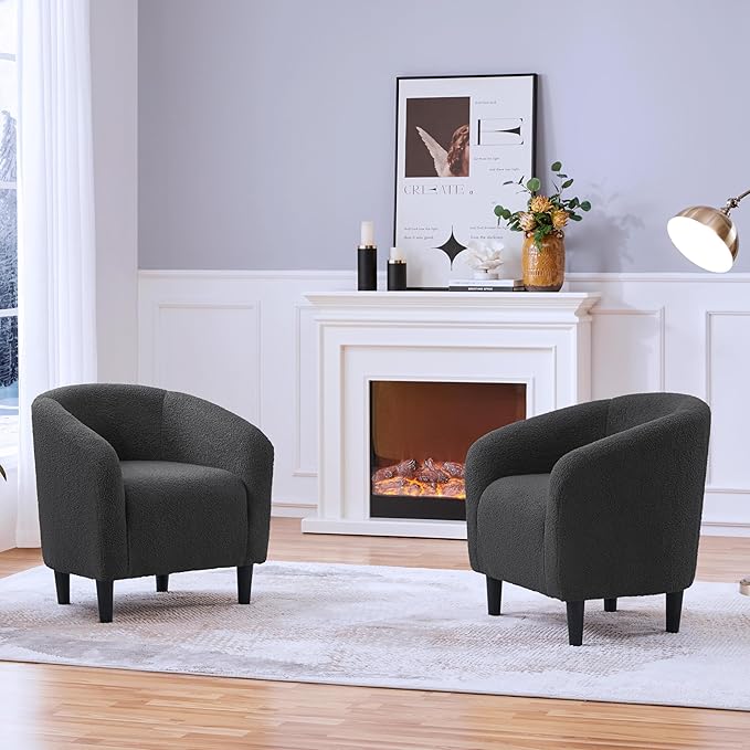 Yaheetech Accent Chairs Set of 2, Furry Living Room Chairs, Sherpa Barrel Chairs with Cozy Soft Padded, Boucle Fabric Armchais for Living Room Bedroom Reception Room Office, Dark Gray