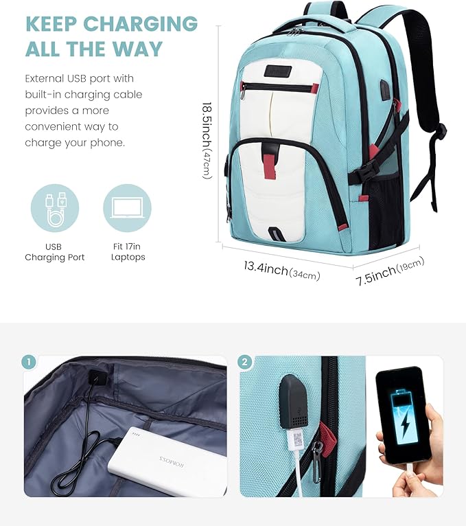 LOVEVOOK Travel Laptop Backpack Waterproof Anti Theft Backpack with Lock and USB Charging Port Large Computer Business Backpack for Women College Backpack (17 inch,Paleturquoise & White