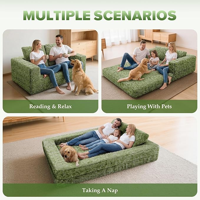 HABUTWAY Convertible Sofa Bed,3-in-1 Folding Futon Sofa Bed with Pillow, Foldable Sleeper Sofa Bed with Removable Cover,Plush Boneless Floor Chair Couch Lounge for Living Room,(King,Green)