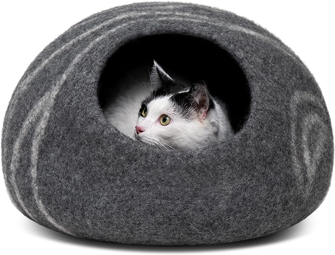 MEOWFIA Cat Cave ??Premium Felt Cat Bed for Indoor Cats, Handmade 100% Merino Wool (Large, Dark Grey)