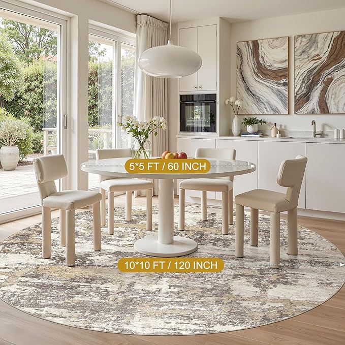 Area Rugs for Living Room: 10x10 Abstract Washable Rug Modern Neutral Large Soft Stain Resistant Non-Slip Backing Machine Table for Bedroom Dining Room Indoor Home Office Carpet - Gold Brown