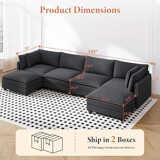 Vesgantti 143" U Shaped Sectional Modular Couch, Comfy Corduroy Upholstered Modular Cloud Sofas for Living Room, Modern Sectional Sofa with 2 Ottoman Deep Seat, Dark Grey