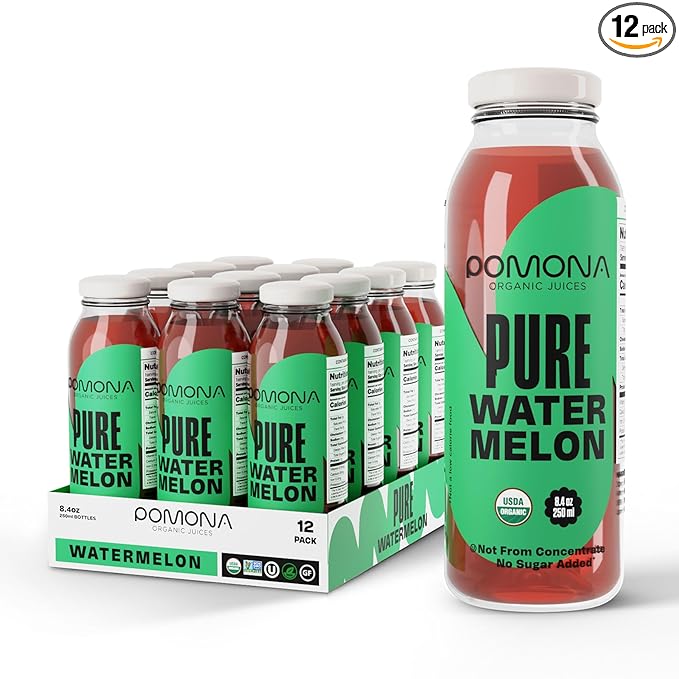 Pomona Organic Juices Pure Watermelon Juice, Cold Pressed Organic Juice, Non-GMO, No Sugar Added, Not from Concentrate, Gluten Free, Kosher Certified, Preservative Free, 8.4 Ounce (Pack of 12)
