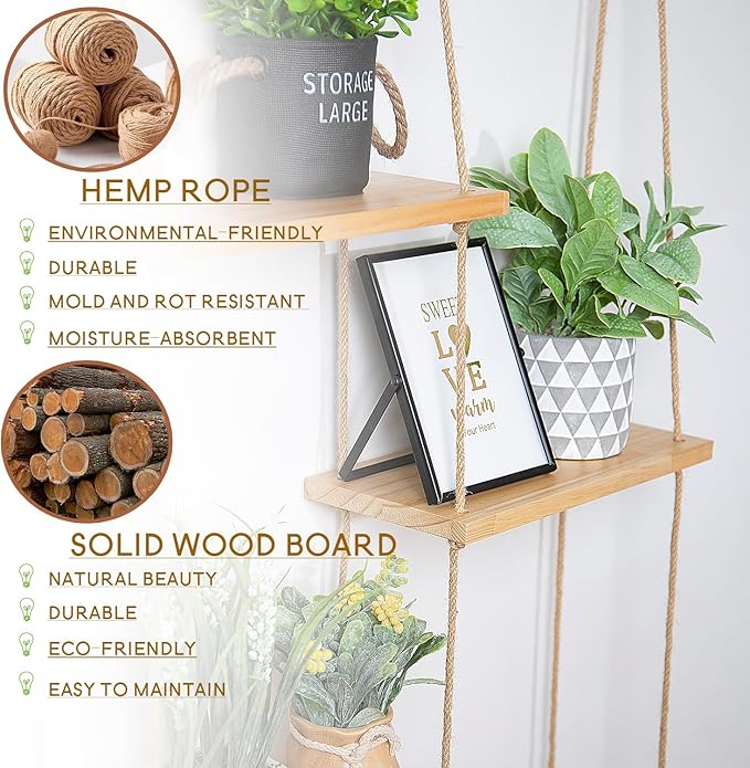 jontell Plant Wall Shelf Macrame Wall Hanging Shelf- Macrame Shelves Handmade Decorative Boho Floating Wall Shelves- Rope Shelf to Organize and Decor for Living Room, Bedroom, Bathroom