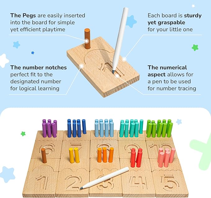 Bimi Boo Counting Peg Boards and Number Tracing for Kids - Wooden Montessori Arithmetic Math Toy Set for Toddlers and Preschoolers - Math Manipulatives for Kindergarten (55 Pegs, 10 Boards, 1 Pencil)