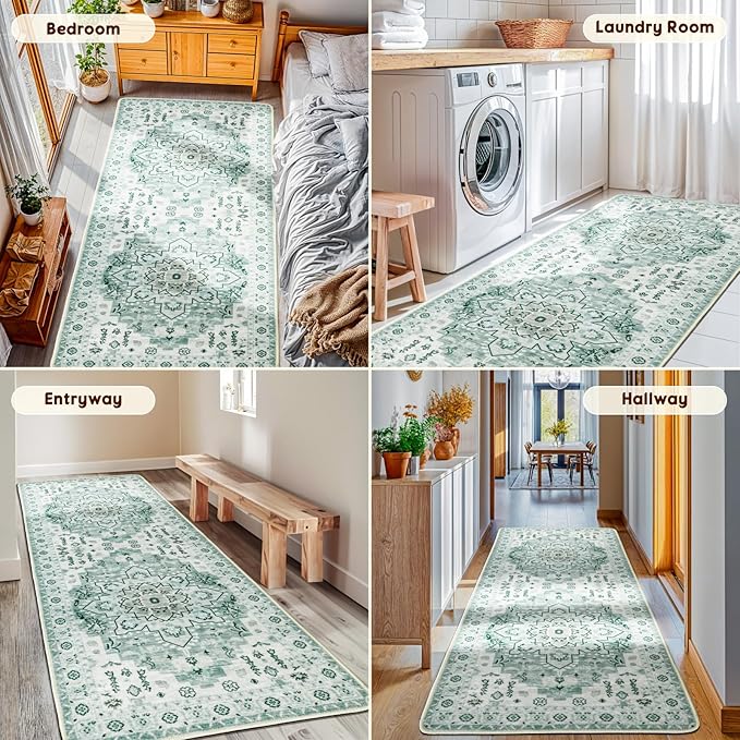 LBRO2M Boho Runner Rug 2X6 Hallway Rug Non Slip Washable Runners for Hallways, Bedroom, Kitchen Laundry Room Pet Friendly Area Rugs (2X6, Green)