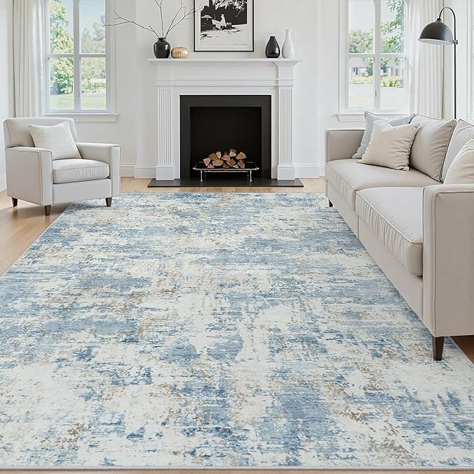 8x10 Area Rugs Living Room Rug Modern Abstract Neutral Washable Rugs Non Slip Soft Carpet Large Area Rug Low Pile Stain Resistant Non Shedding for Bedroom Nursery Dining Room Home Office Blue
