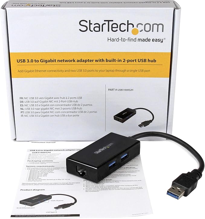 StarTech.com 2 Port USB 3.0 Hub with Ethernet - USB 3.0 x 2 - Gigabit Ethernet Network Adapter for Windows/Mac/Chrome (USB31000S2H) Black