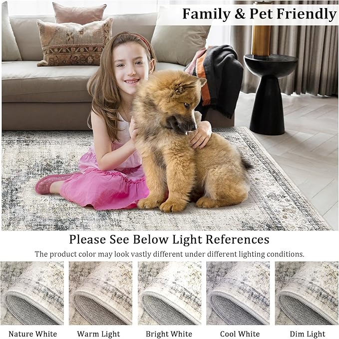 GarveeHome 4x6 Area Rug - Machine Washable, Soft, Non-Slip, Vintage, Indoor, Sage Green