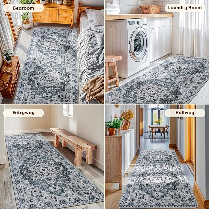 LBRO2M Boho Washable Runner Rug 2'6“X8’ Dusty Blue Washable Hallway Runner Rugs Non Slip Low Piles Rugs, Soft, Area Rug Runners for Hallways, Bedroom, Kitchen Laundry Room (2'6"X8', Dusty Blue)