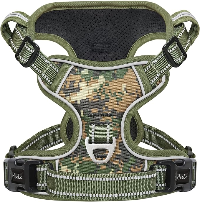 HEELE Dog Harness, No Pull Adjustable Padded Reflective Harness for Small Medium Large Dogs with Handle for Walking Training, Camo Green, XL