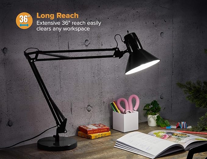 Bostitch Office VLF100D Swing Arm Desk Lamp, Metal, 36" Reach with Multi-Joint Adjustment, Includes Replaceable LED Bulb (VLF), Black