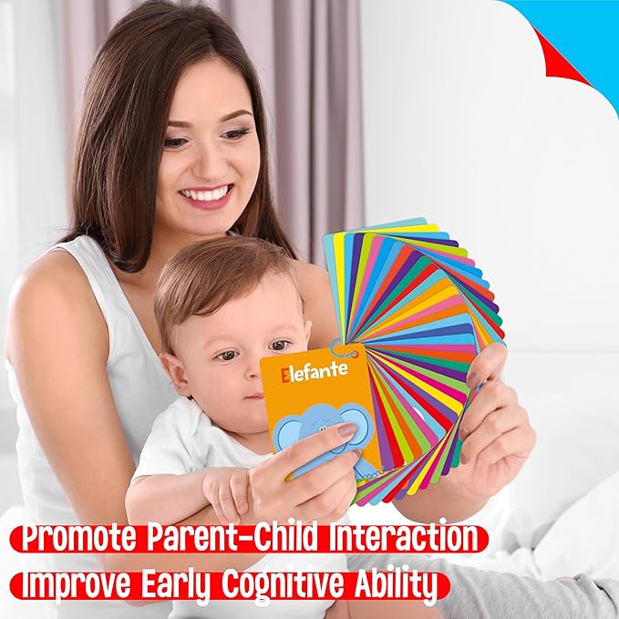 51 PCS Spanish Baby Cognitive Flashcards, Double Sided Printed 7 in 1 Colorful Cards Alphabet, Numbers, Foods, Animals, Shapes, Colors with 2 Reclosable Rings, Learning Tool for Toddlers