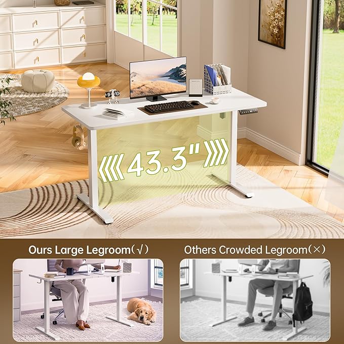 Veken 55 Inch Large Electric Standing Desk, 4 Memory Heights Adjustable,Sit to Stand Up, Work Home Office Computer Table for Study, Walking Pad, Writing, and Games, Wooden Desktop Desks, White