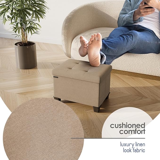 STORAGEBUD Storage Ottoman Cube with Small Bin, 16-in Square Ottoman with Storage for Living Room and Bedroom, Small Ottomans Foot Rest, Fabric Foot Stools Ottomans Max 330lbs, Taupe