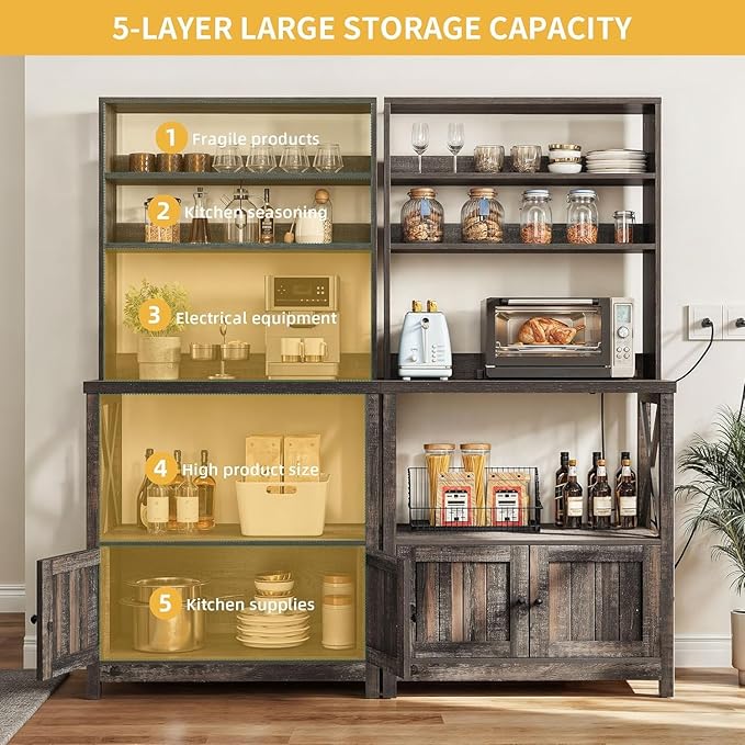 DWVO Baker Rack with Power Outlet and Storage, Farmhouse Microwave Stand with Door for Kitchen, 5-Tiers Tall Coffee Bar Station Cabinet Thickened Counter with Hutch Shelves, Black Oak