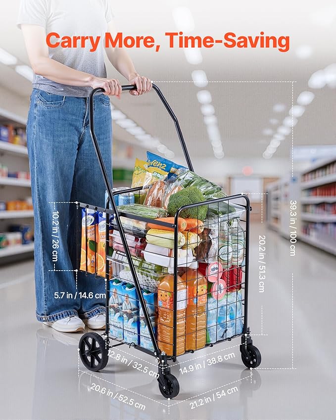 VEVOR Shopping Cart, Folding Grocery Utility Cart with Dual Baskets, Waterproof Liner & Wheels, 100 LBS Large Load Capacity, Heavy Duty Laundry Basket for Laundry, Shopping, Camping, Grocery, Luggage