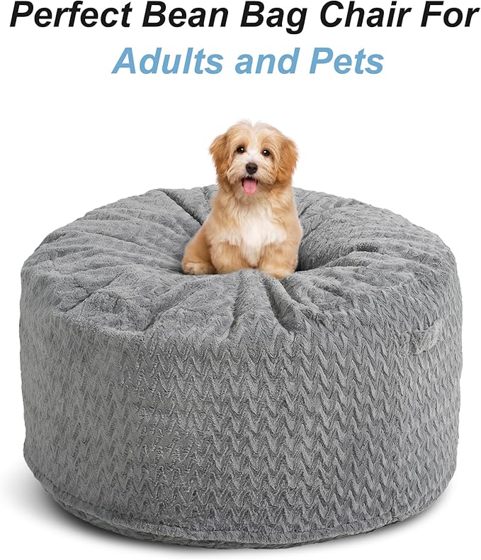 Homguava Bean Bag Chair: 3‘ Bean Bags with Memory Foam Filled, Large Beanbag Chairs Soft Sofa with Dutch Chevron Plush Cover 3FT(36"×36"×24"),Grey