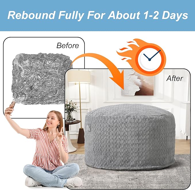 Homguava Bean Bag Chair: 3‘ Bean Bags with Memory Foam Filled, Large Beanbag Chairs Soft Sofa with Dutch Chevron Plush Cover 3FT(36"×36"×24"),Grey