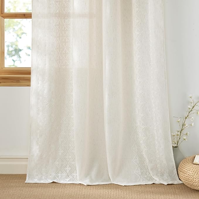 NICETOWN Cream Linen Curtains 9 ft High, Contemporary Floral Ivory White Embroidered High Ceiling Drapes for Cottage, Breathable Texture Chic Geometric Patterned Bronze Grommet, W52 x L108, 2 Panels
