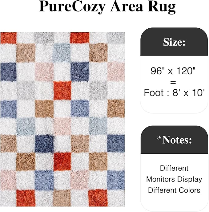 Checkered Rug 8x10 for Living Room, Modern Rainbow Shag Rug Washable Non-Slip Large Area Rug Super Soft Indoor Fuzzy Carpet Fluffy Rugs for Bedroom Home Aesthetic Decor