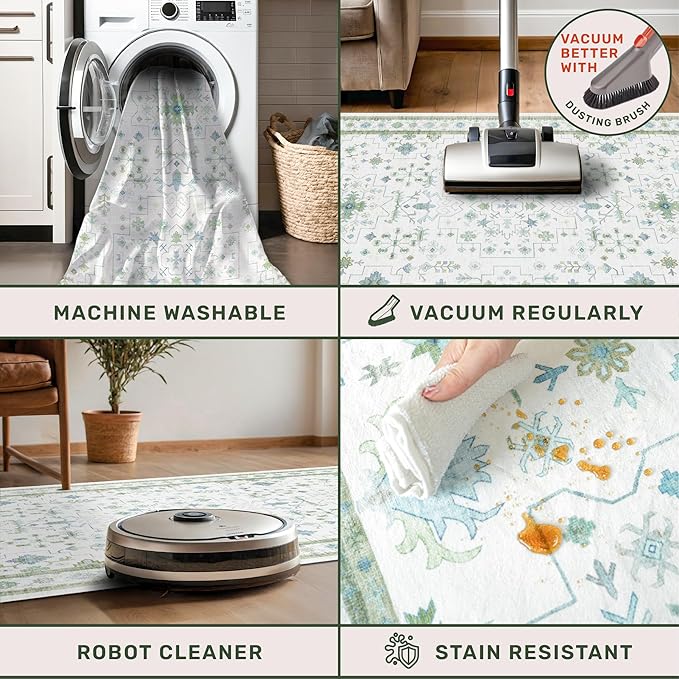 Cream Green and Blue 2x4 Boho Bathroom Rug - Oushak Floral Pastel, Washable Low Pile Non Slip with Rubber Backing Stain Resistant Entryway Rugs Indoor, Small Carpet for Kitchen, Bedroom, Laundry Room