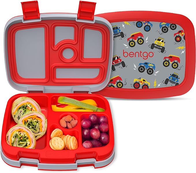 Bentgo Kids Prints Leak-Proof, 5-Compartment Bento-Style Kids Lunch Box - Ideal Portion Sizes for Ages 3-7, Durable, Drop-Proof, Dishwasher Safe, & PFAS & BPA-Free Materials (Trucks)
