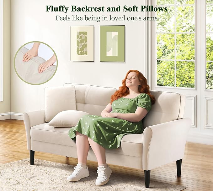 69" Loveseat Sofa, Velvet Small Couches for Small Spaces, Love Seat Couches with 2 Pillows, Tool-Free Setup Loveseats, 700lb Load Sofas for Living Room, Mini Couch for Bedroom, Comfy Sofa Couch, White