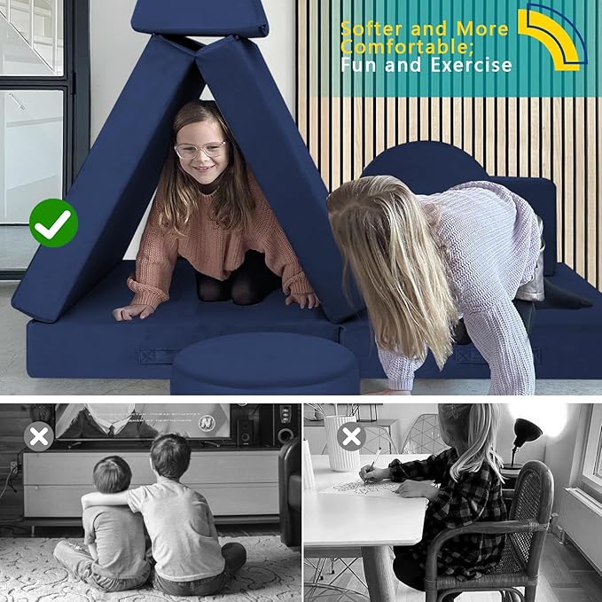 MeMoreCool Modular Kids Couch for Playroom, Navy Foam Play Couch for Toddlers, Building Fort Explorer Sofa