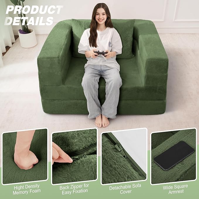 Futon Sofa Bed with Pillow, 3-in-1 Sleeper Sofa Bed with Removable Cover, Convertible Floor Sofa Bed, No Assembly Boneless Couch for Living Room, Bedroom