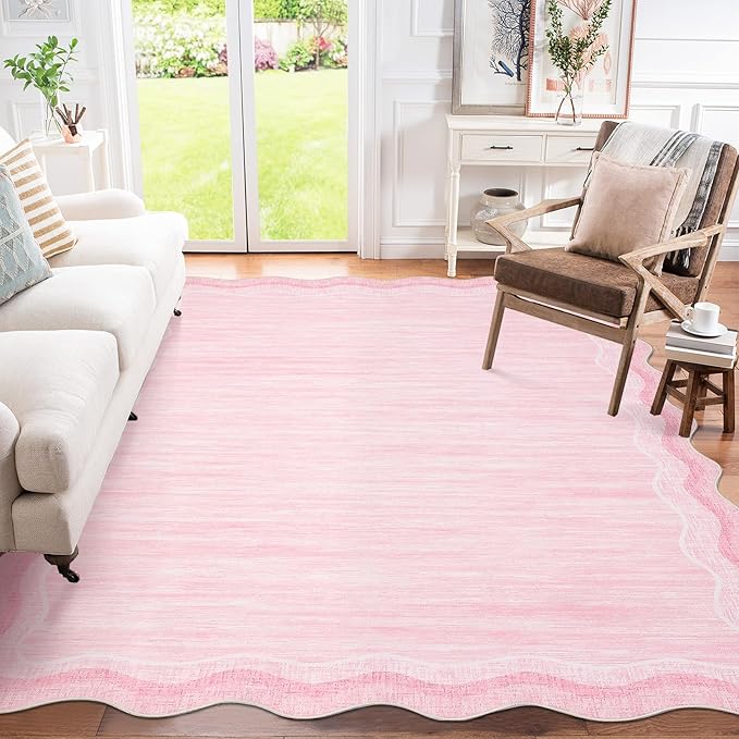 GarveeHome Washable Rugs 8x10 Scallop Living Room Rug Scalloped Rug with Non-Slip Backing, Stain-Resistant Low Pile Easy Cleaning Rugs, Soft Modern Solid Carpet for Bedroom Playroom Nursery, Pink