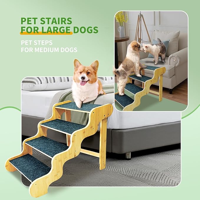 Dog Stairs for Small Dogs,3-Step Bamboo Wooden Dog/Pet/Cat Steps Ramp for Couch Sofa,Bed and Car, Can Support Weighing Up to 160 LB,