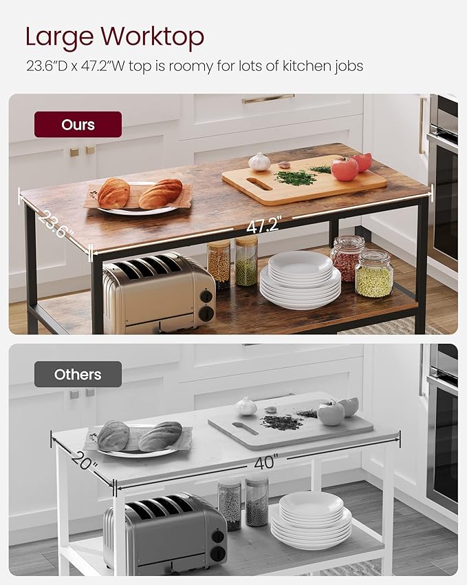VASAGLE Kitchen Island with 3 Shelves, 47.2 Inches Width Kitchen Shelf with Large Worktop, Stable Steel Structure, Industrial, Easy to Assemble, Rustic Brown and Black UKKI01BX
