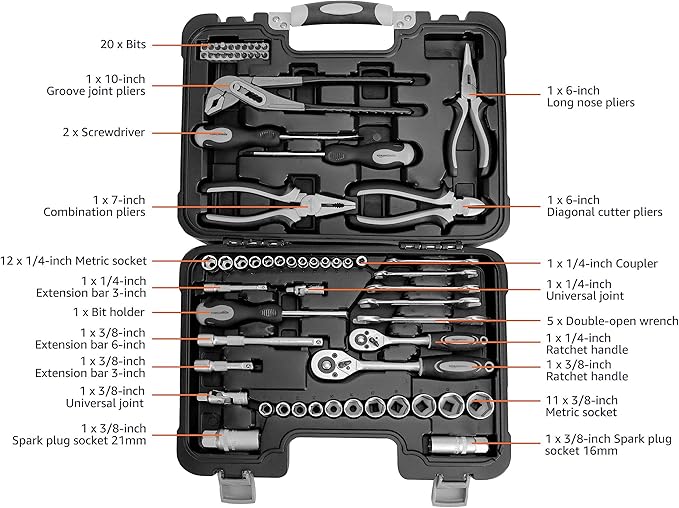 Amazon Basics 65-Piece General Household Home Repair and Mechanic's Hand Tool Kit Set, Black