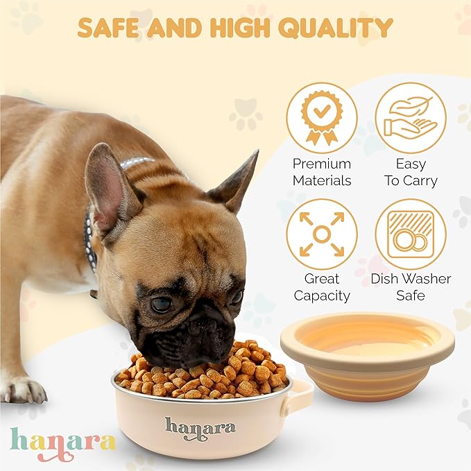 HANARA 2-in-1 Insulated Dog Bowl with Collapsible Lid & Handle ??Stainless Steel, Non-Slip Rubber Base ??Portable Pet Water & Food Bowl for Dogs & Cats ??30 OZ + 20 OZ ??Indoor & Outdoor (Beige)
