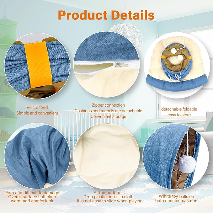 BWOGUE Bunny Tunnel Bed, 2-in-1 Collapsible Tunnel Tubes Toys with Removable Mat Hideout for Cats Kittens Rabbits Guinea Pigs Kitty