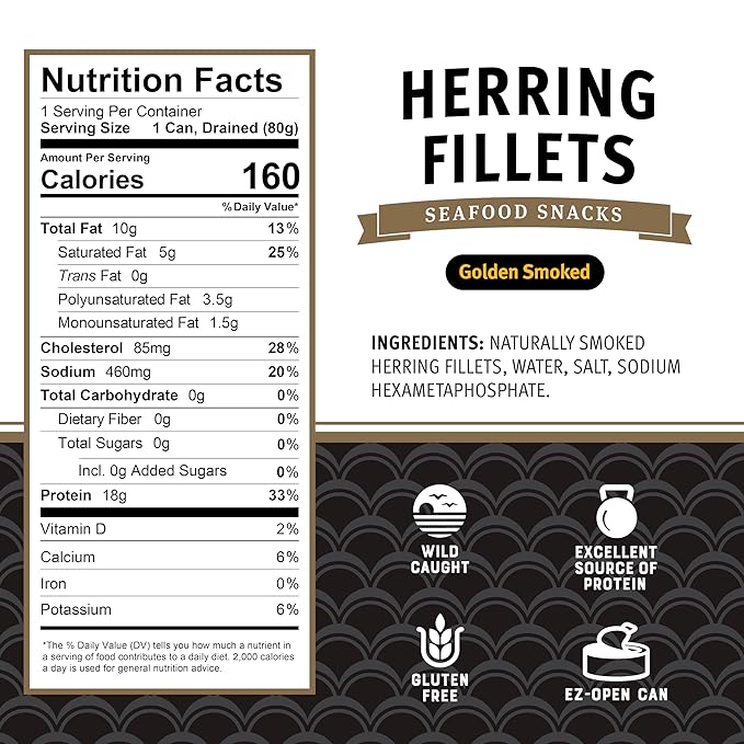 Brunswick Golden Smoked Herring Fillets, 3.25 oz Can (Pack of 12) - 18g Protein per Serving - Gluten Free, Keto Friendly - Great for Pasta & Seafood Recipes