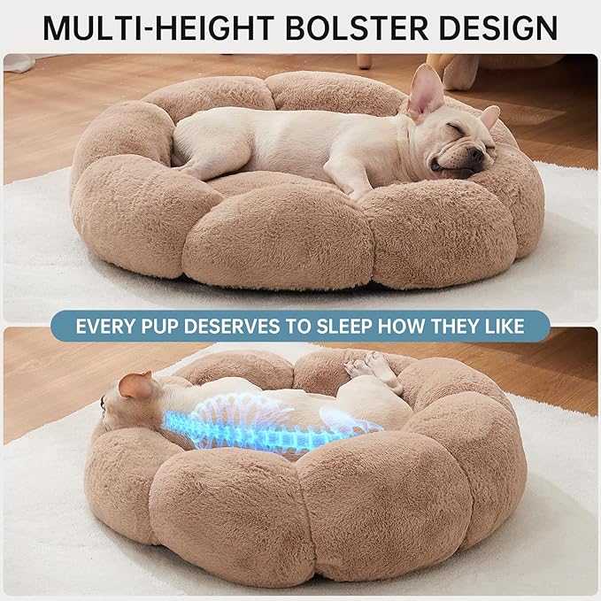 OhGeni 31 inches Calming Donut Orthopedic Dog & Cat Bed for Medium Pets, Warming Comfort Fluffy Short Pile Fur, Durable Waterproof Machine Washable Removable Cover, Cute Round Bed for Puppy, Camel