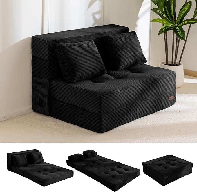 MAXYOYO Convertible Sofa Bed, Fold Out Sleeper Sofa with Pillow, 4 in 1 Tufted Folding Couch Bed Foam Floor Couch, Lazy Chair for Living Room Bedroom Guest Room, Black
