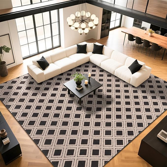 LBRO2M Checkered 9X12 Area Rug for Living Room Washable Rugs for Bedroom Dining Room Non Slip Modern Rugs Easy Clean, Soft, Stain Resistant Carpet Great for Pets and Family (9'X12' Black)