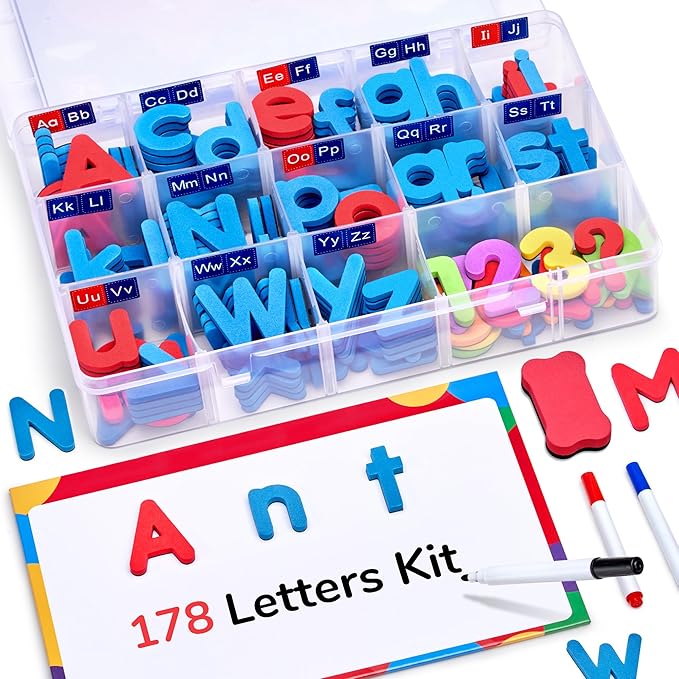 Gamenote Classroom Magnetic Letters Kit 178 Pcs with Double-Side Magnet Board - Foam Alphabet Letters for Kids Spelling and Learning