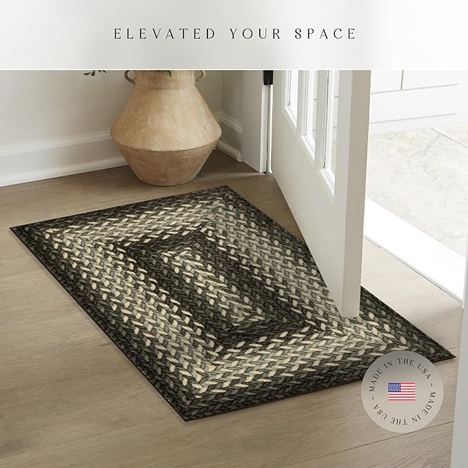 Maples Rugs Marion Bohemian Braided-Style Print Area Rug ??Made in USA ??Washable, Non-Slip Low-Profile Indoor Throw Rug for Foyer, Kitchen & Bathroom, 34" x 20", Black