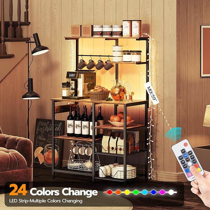 HOOBRO Bakers Rack with Power Outlet and LED Light, 6-Tier Microwave Stand with Wire Baskets, Coffee Bar Station, Kitchen Utility Storage Shelf with 4 Hooks, Rustic Brown and Black BF64UDHB01